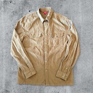 GUESS Mens Tan Corduroy Button Up Shirt Size S Long Sleeve 2 Pocket Embroidered
